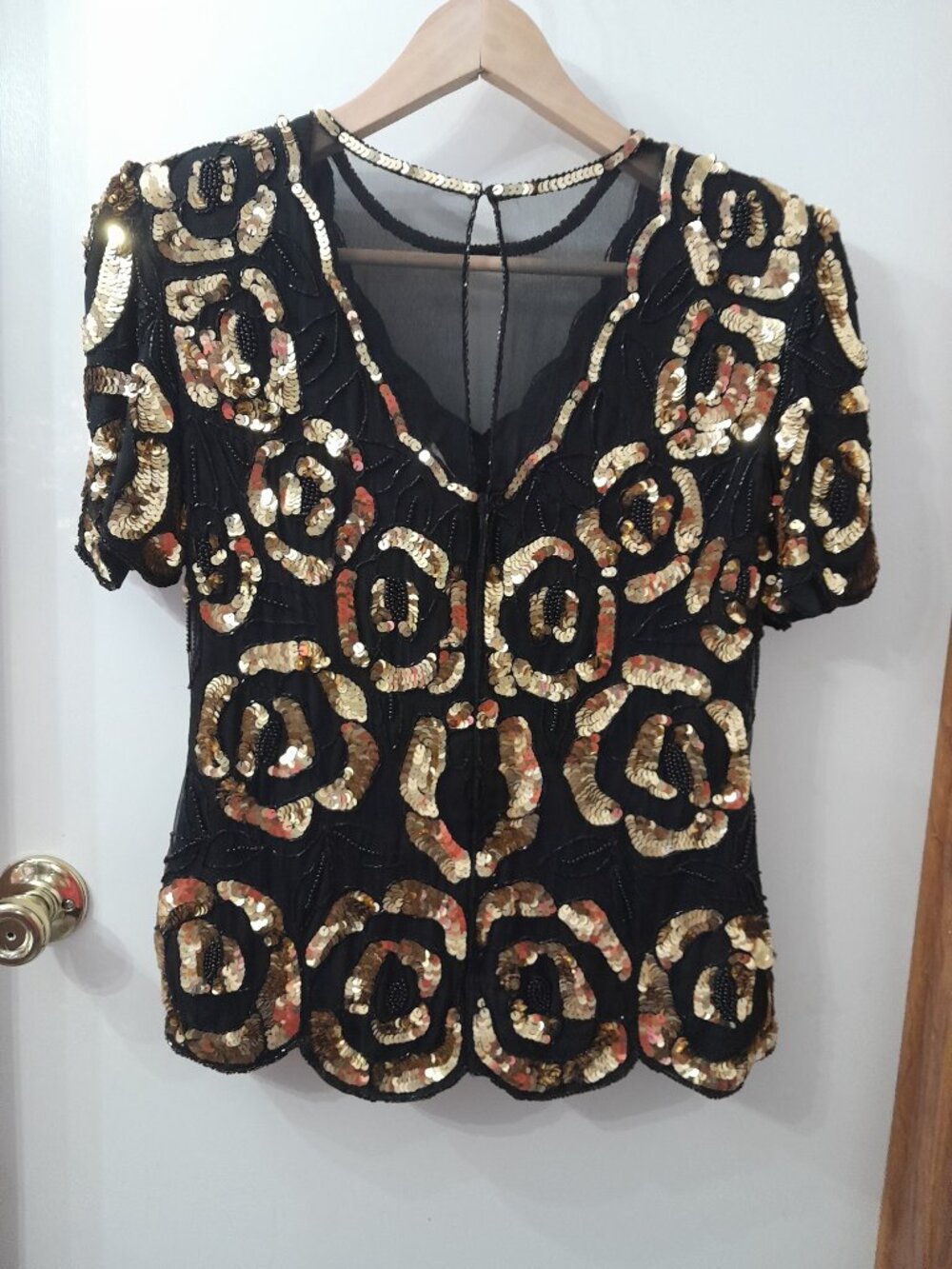 Vintage 80's Laurence Kazar NY Gold Sequin & Black Beadwork on Black Silk PM